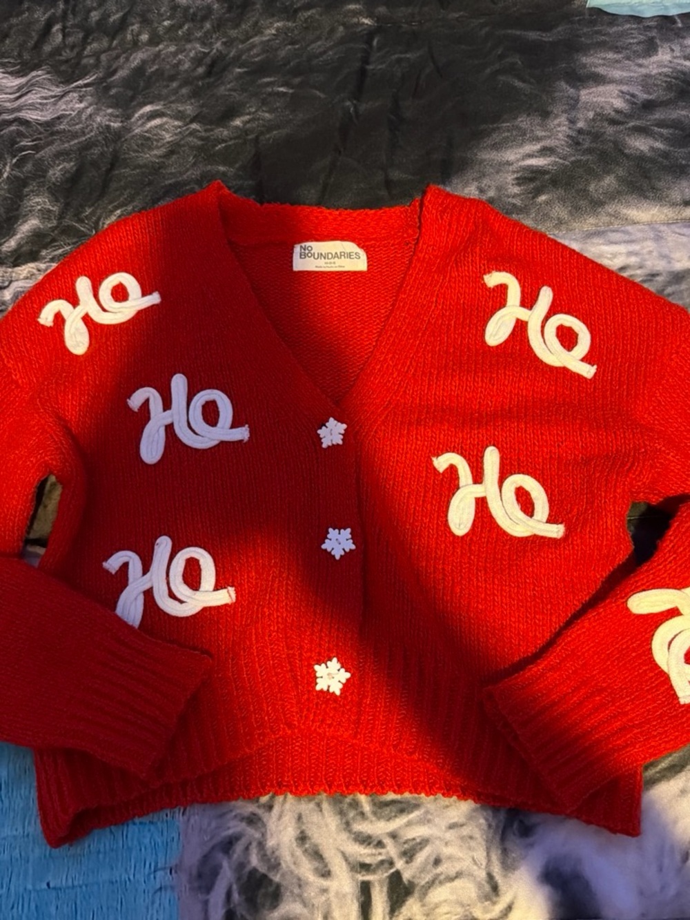 No Boundaries Red V-Neck Holiday Cardigan with White Appliqués